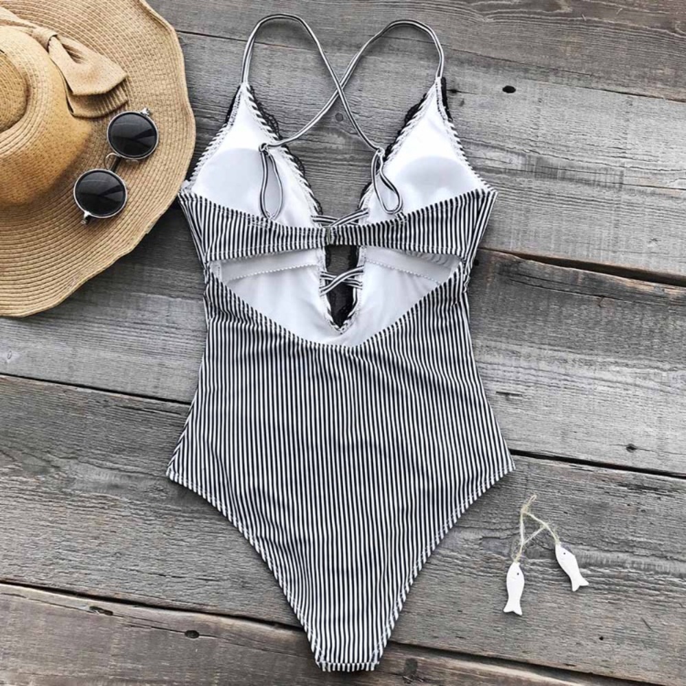 Cupshe Black & White Stripe Plunging One Piece - Picture 6 of 8